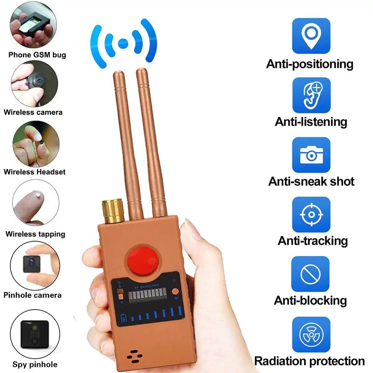 Dual antenne Anti-Spy GPS Trådløse Signal Automatisk Detektor Finder racker Frekvens Scan-Sweeper Beskytte Sikkerheden 1MHz 8000MH
