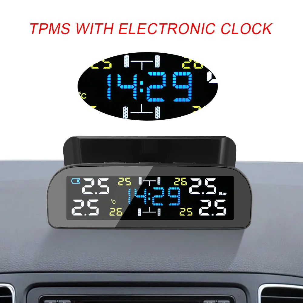 Dæktrykket Sensorer Wireless TPMS-Tire Pressure Monitoring System Solenergi Ur LCD-Skærm 4 Ekstern Sensor