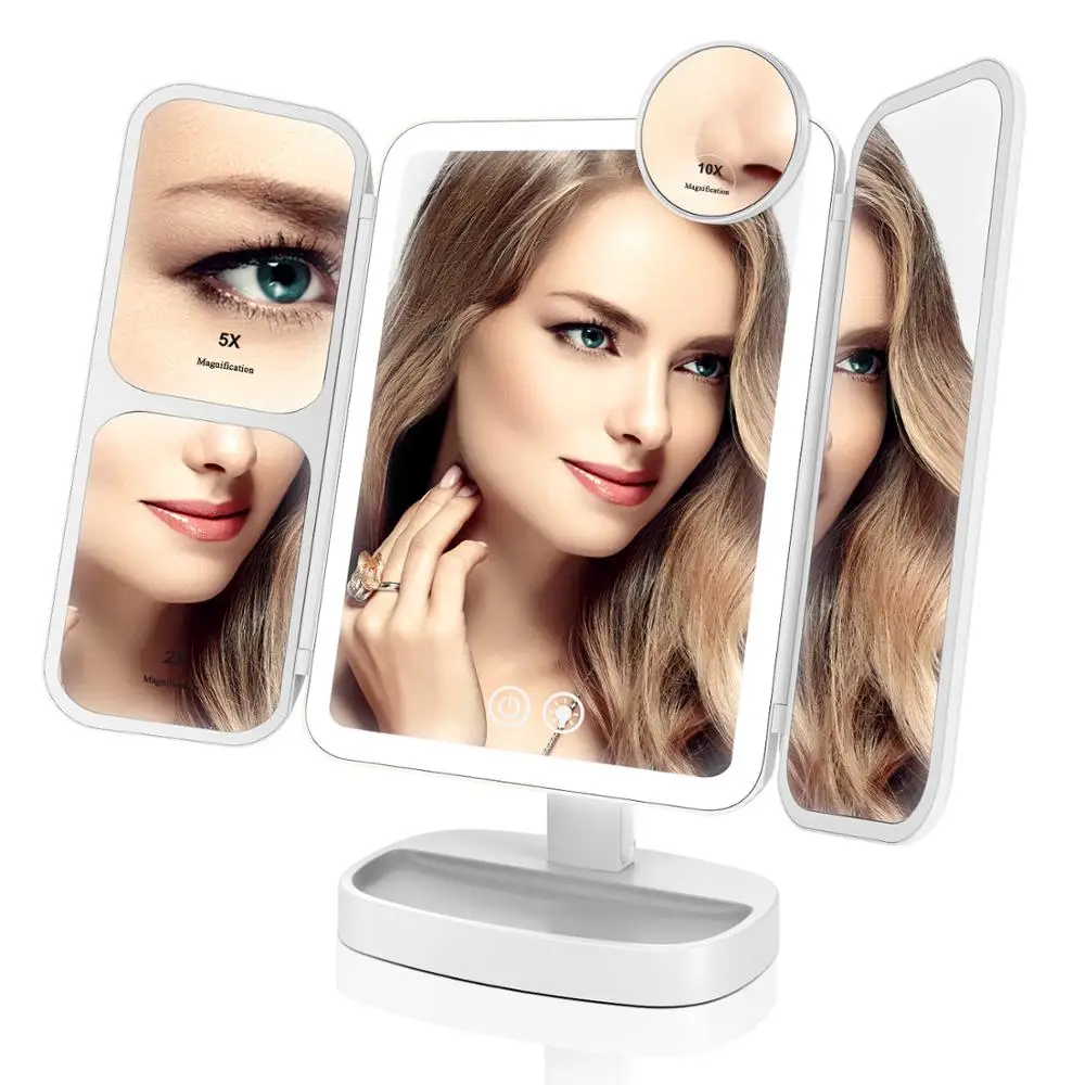 EASEHOLD 2x/5x/10x Forstørrelse Makeup-Spejl Makeup-66 Led Genopladelige 3 Farve Tilstande Justerbar 180 og 90 Graders Rotation