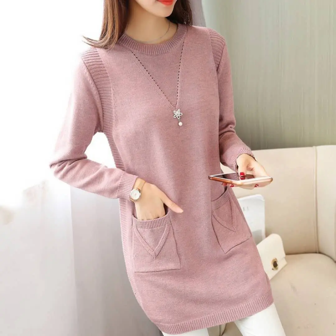 Efterår og vinter kvinder sweater casual ensfarvet o-hals lange ærmer strikket sweater mode løs lomme medium længde uld