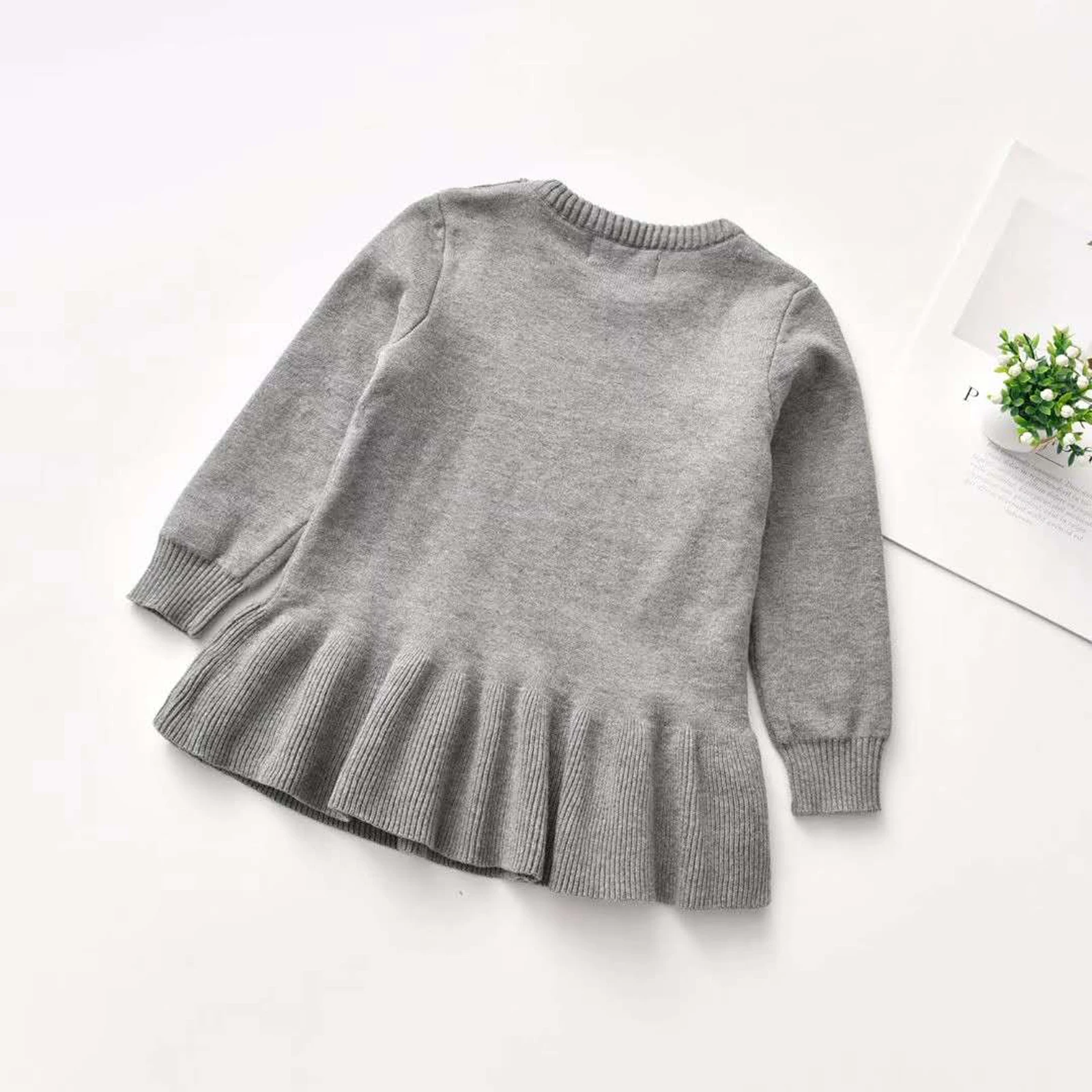 Efterår og Vinter Spædbarn Baby Piger Sweater Kjole For 1-5Y Hjerte Print Strik med Lange Ærmer Flæser A-Line Mini-Dress