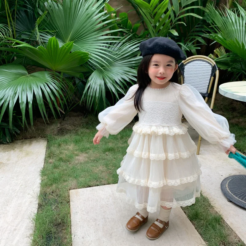Efteråret Nye Ankomst koreansk stil langærmet mode hot salg prinsesse pige blonder kage lang kjole til søde søde baby girls