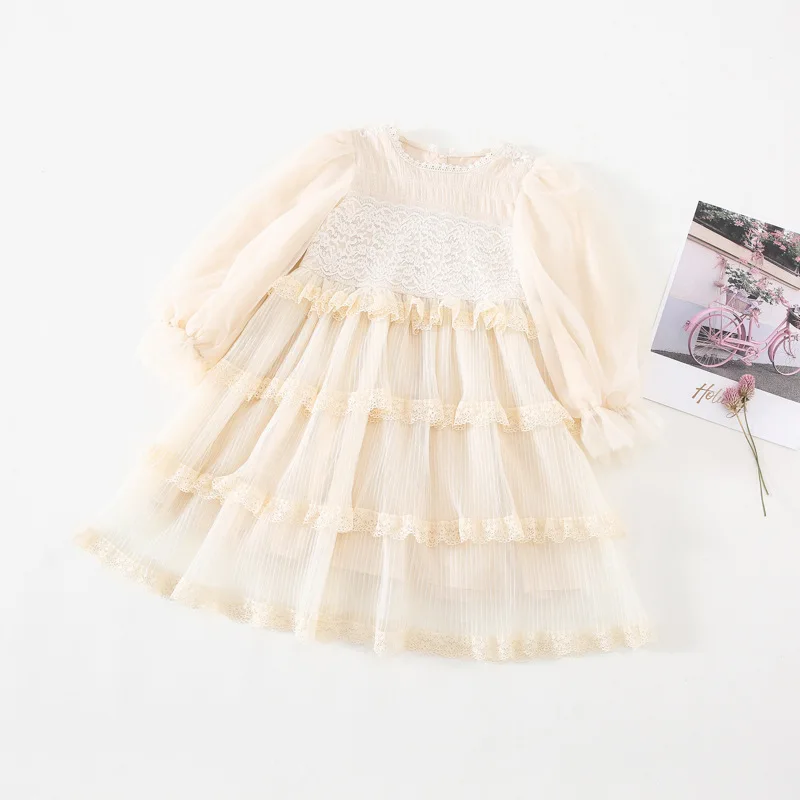 Efteråret Nye Ankomst koreansk stil langærmet mode hot salg prinsesse pige blonder kage lang kjole til søde søde baby girls