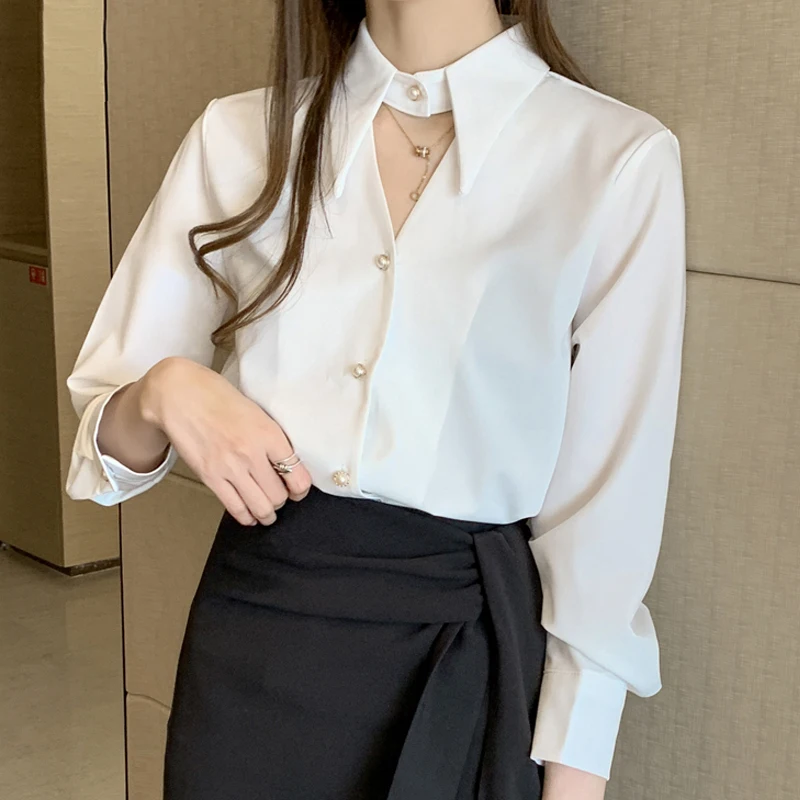 Efteråret Nye Koreanske Kontor Dame Toppe Kvinder Chiffon Lange Ærmer Løs Solid Hvide Bluser Dame Tøj Blusas Mujer 10500