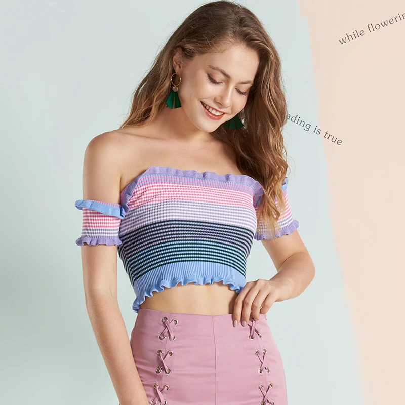 Eneste Plus Rainbow Crop Tops Skulder Off Sommer Tøj til Kvinder Sexy Lady Toppe Kvinde Stribet Ærmeløs Stranden Tank Tops
