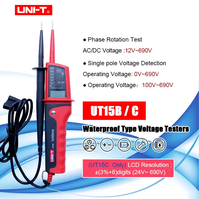 ENHED UT15B/UT15C Vandtæt Multi-funktion Spænding Detektorer Volt Test Pen AC DC Voltmeter Beeper og LED Lys Indikator