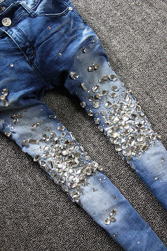 Europa-Station 2019 Efteråret nye tætsiddende pencil jeans kvinder i bukser, slim ni meter fødder diamanter bling bling bukser
