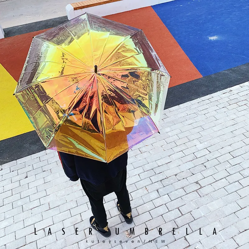 Farverig Regnbue-Paraplyen Gennemsigtig Farve Skiftende Lange Håndtag Paraply Regn Kvinders Store Parasoller Parapluie Pige Gave SY191