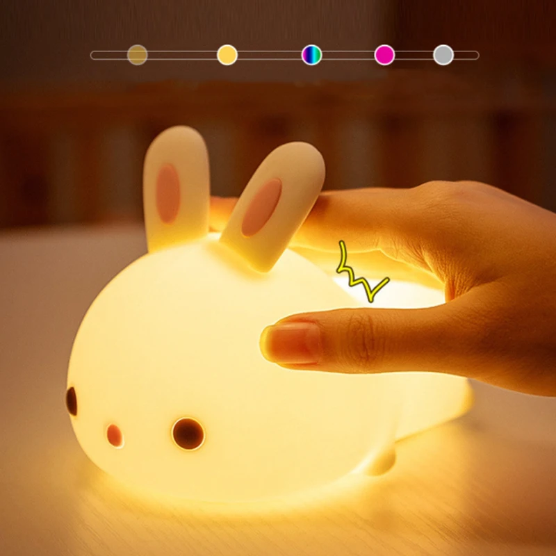 Farverige silikone rabbit bærbare nat lys bløde søde dyr tegnefilm børn USB-opladning lys soveværelse baby nat lys
