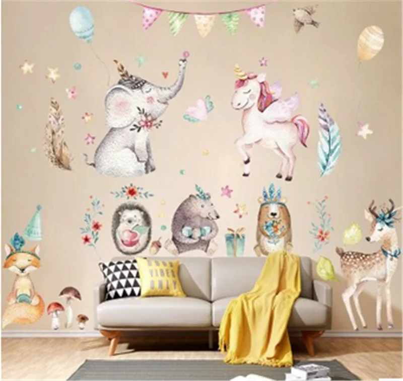 Farverige Unicorn Elefant Hjort, Hest Butterfly Wall Stickers Til Børneværelset Soveværelse Vægoverføringsbilleder Børnehave Indretning Fødselsdag Gave