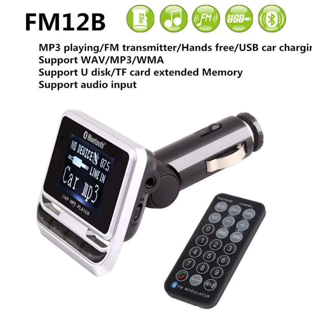 FM12B 1.44 Tommer Trådløs FM-Sender Radio Adapter LCD-Bluetooth Car MP3-Afspiller, Håndfri USB Bil Oplader, Fjernbetjening