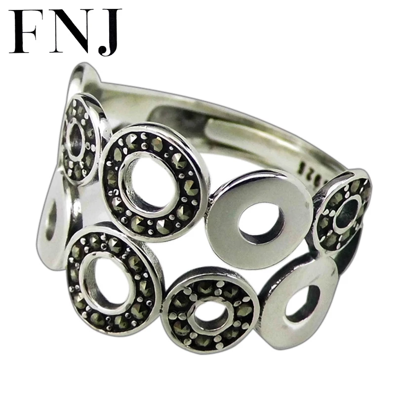 FNJ MARCASITE Runde Ringe 925 Sølv Justerbar Størrelse Åbne Populære S925 Massivt Sølv Ring for Kvinder Fine Vintage-Smykker