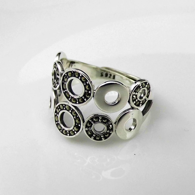 FNJ MARCASITE Runde Ringe 925 Sølv Justerbar Størrelse Åbne Populære S925 Massivt Sølv Ring for Kvinder Fine Vintage-Smykker