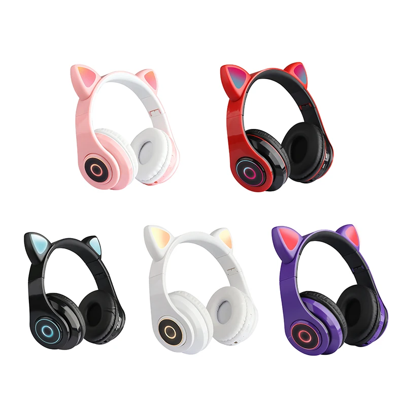 Foldbar Bluetooth-5.0 Hovedtelefoner Trådløse Kat Ear Hovedtelefoner Med LED-Lys, Støj Annullering Piger Kids Søde Headset Gaver