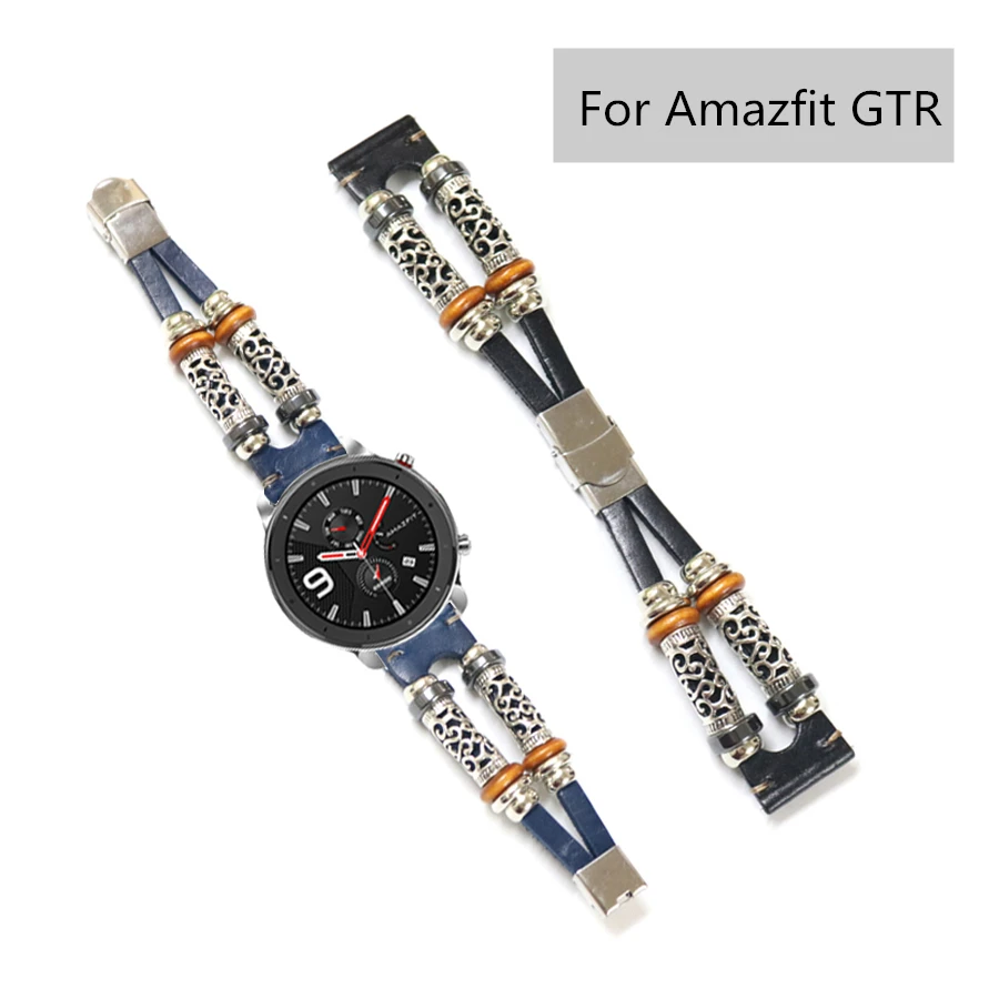 For Amazfit GTR Rem i Ægte Læder Perlebesat Urrem Armbånd til Huami Amazfit Bip/Tempo/Stratos 2 2S Ur Band 20mm 22mm