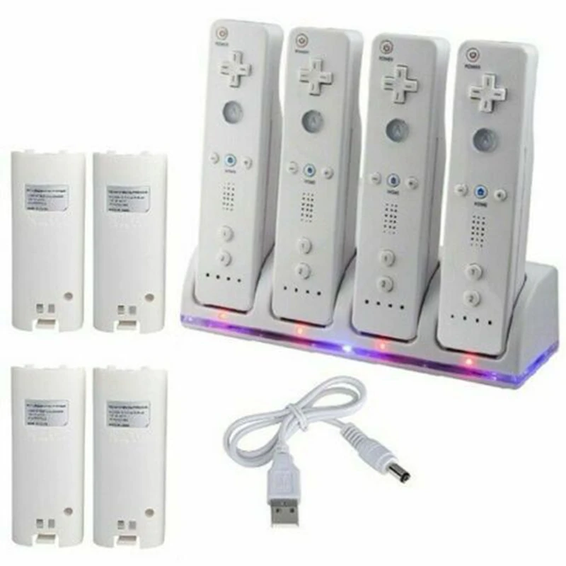 For Wii Remote Controller 4STK Genopladelige Batterier & Oplader Dock-Station