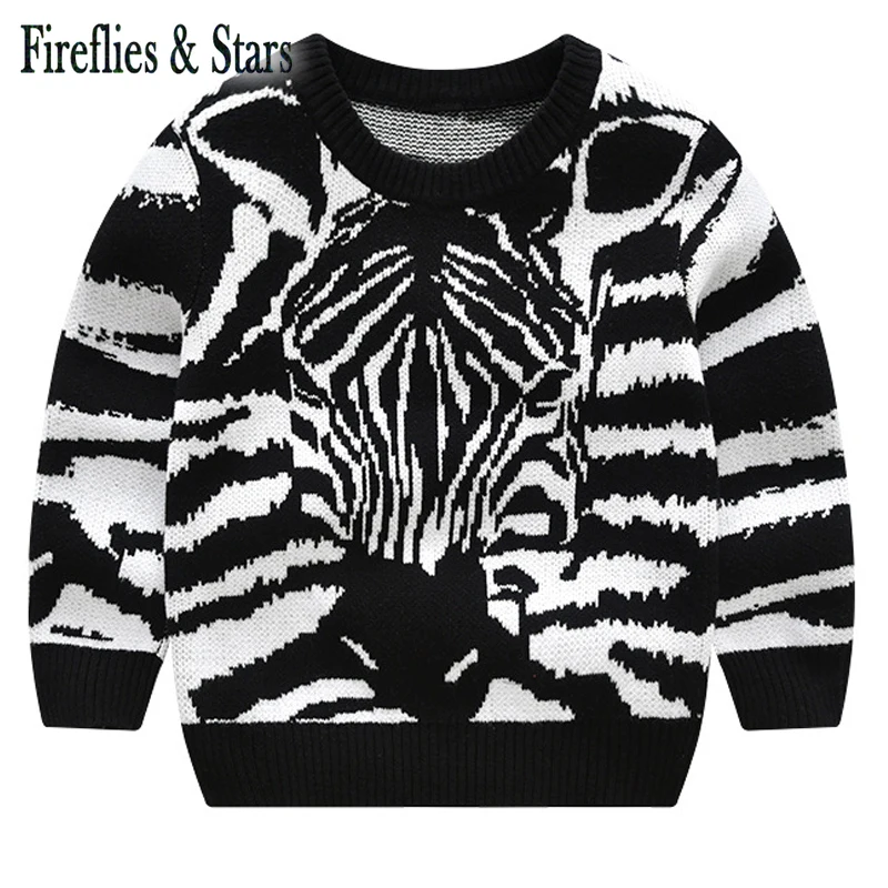 Forår Efterår baby pullover drenge strik børn sweater børn toppe tøj tegnefilm zebra sort hvid jacquard dobby 2 til 6 år