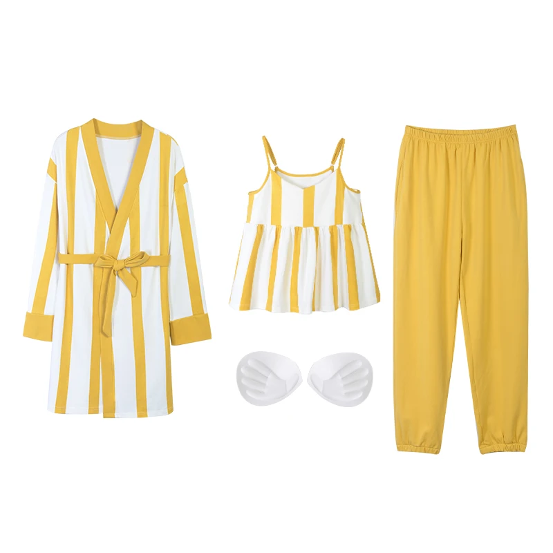 Foråret Efteråret Bomuld 3 delt sæt, Elegant Kvinders Pyjamas Sæt Kvindelige Nattøj Lægge Stribede Pyjamas Lounge Homewear Mode