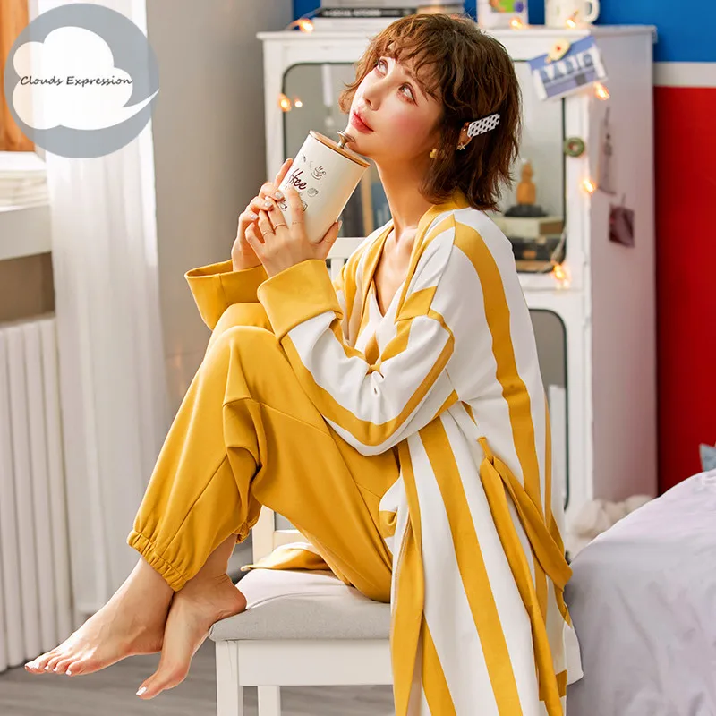 Foråret Efteråret Bomuld 3 delt sæt, Elegant Kvinders Pyjamas Sæt Kvindelige Nattøj Lægge Stribede Pyjamas Lounge Homewear Mode