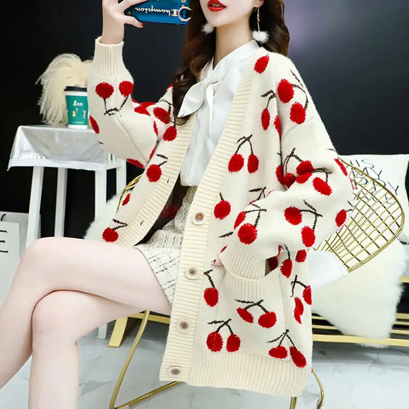 Frugt print strikket kvinder sweater enkelt cardigan med lange ærmer-knappen koreansk stil sweater løs top
