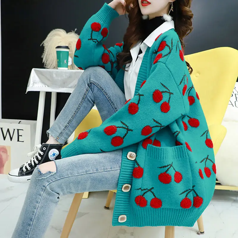 Frugt print strikket kvinder sweater enkelt cardigan med lange ærmer-knappen koreansk stil sweater løs top
