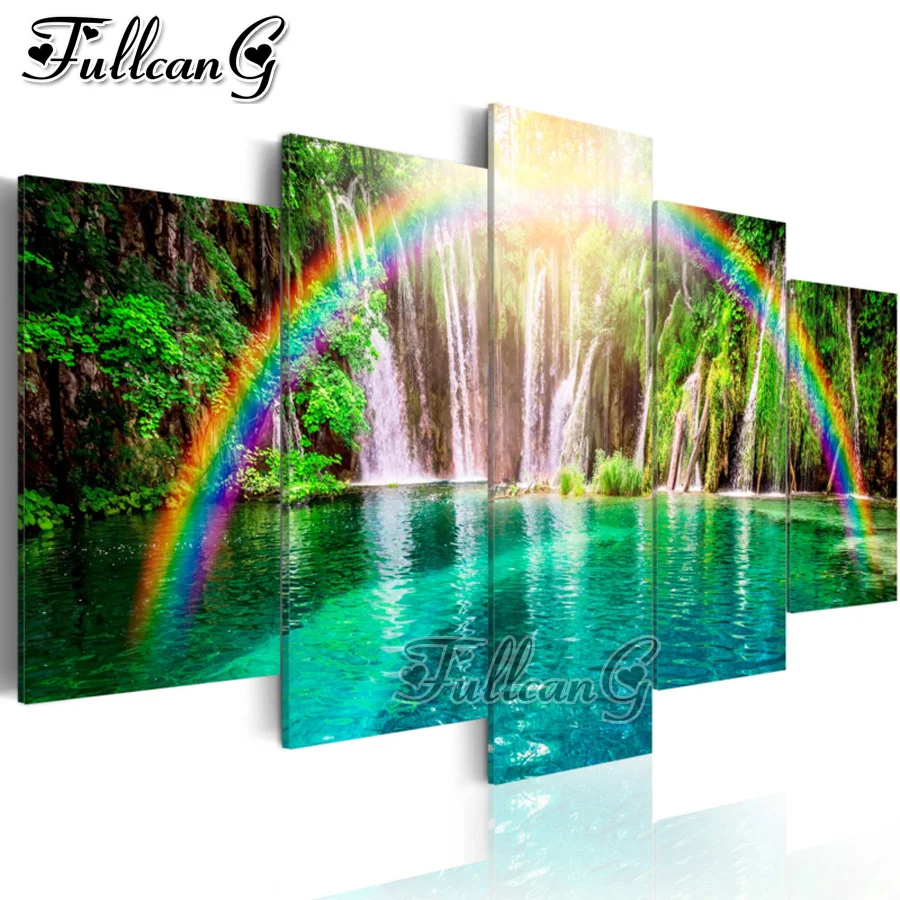 FULLCANG Natur landskab sø rainbow 5 stykke diy diamant maleri fuld square/runde bor 5d mosaik broderi salg FC2312