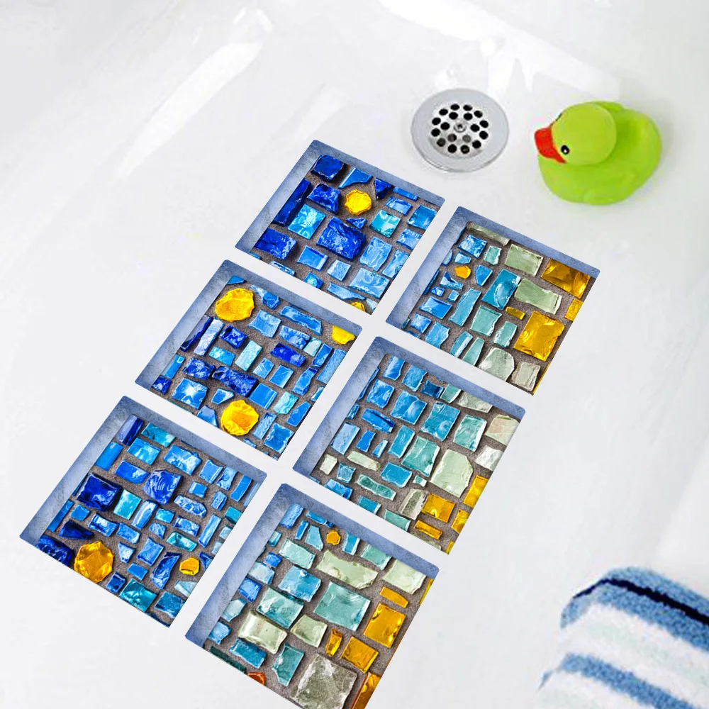 Funlife 3D Badekar Klistermærker,Blå Mosaik Anti Slip Vandtæt selvklæbende Spabad Decal,Brusebad bademåtter Badeværelse For Børne Aftagelig