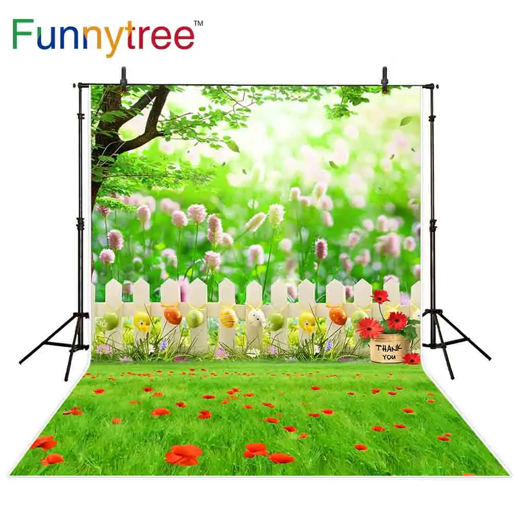 Funnytree fotografering baggrunde grønne plæne forår træ hegn blomster, farverige æg nyfødte baby påske baggrund photophone