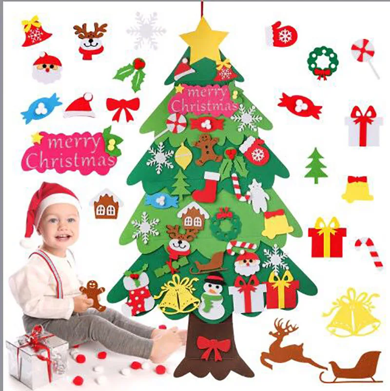 Følte juletræ, DIY Følte juletræ med 34PCS juletræ Hængende Ornamenter Kids Xmas Gaver til Børn Nye År Handm