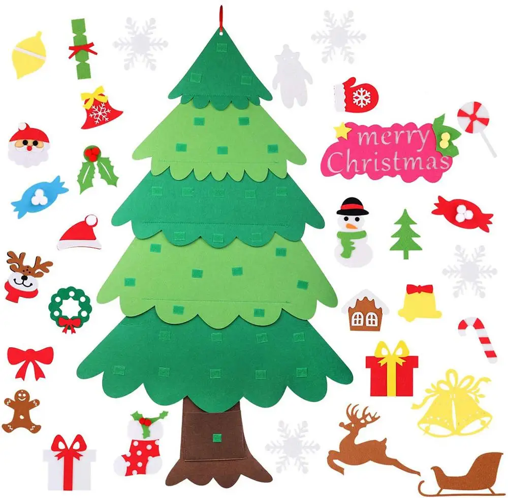 Følte juletræ, DIY Følte juletræ med 34PCS juletræ Hængende Ornamenter Kids Xmas Gaver til Børn Nye År Handm