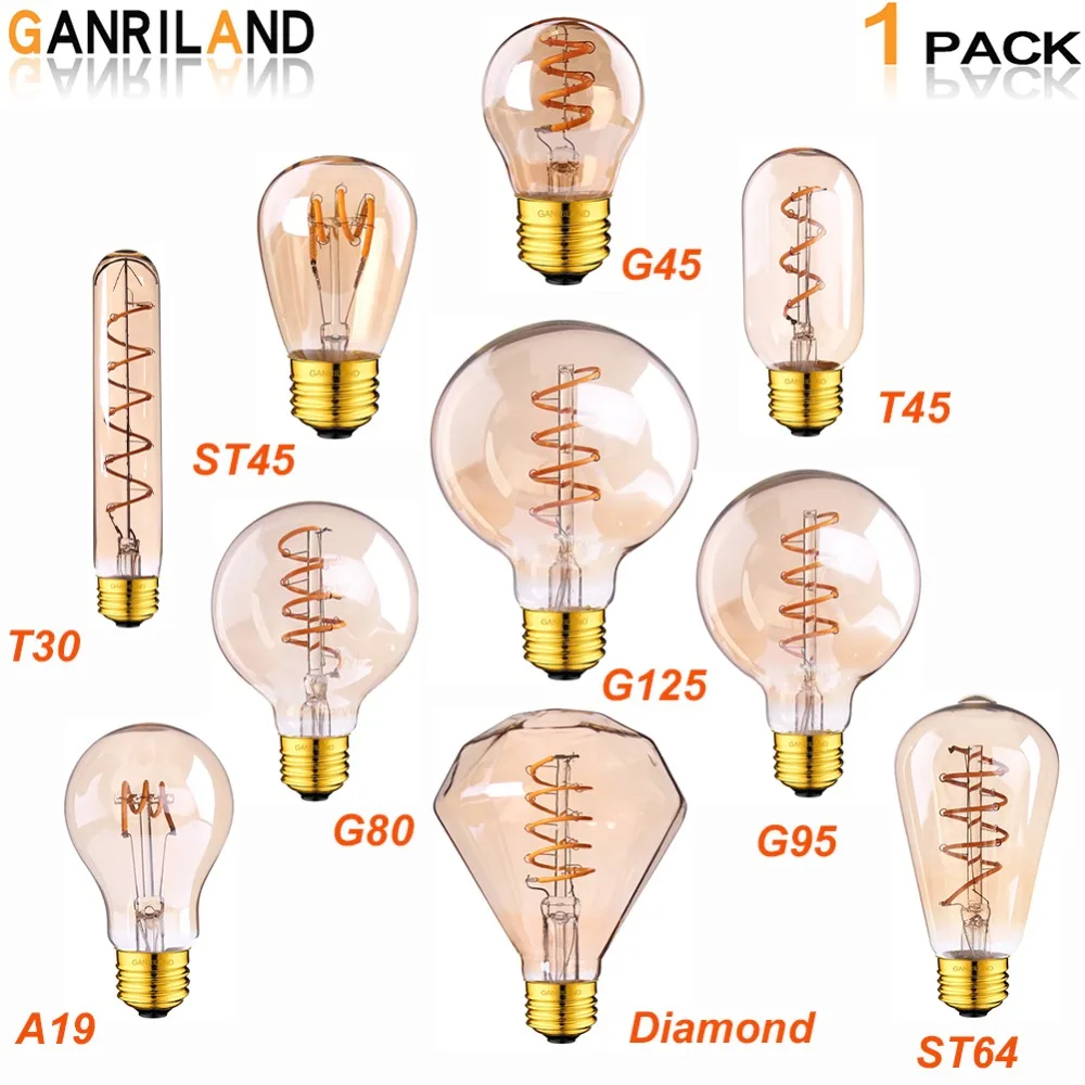 GANRILAND Retro LED-Lampe 220V E27 Dæmpbar LED Pære Filament-Lys 3W 2200K Diamant Guld Edison Spiral Pærer G125 G80 led lampen
