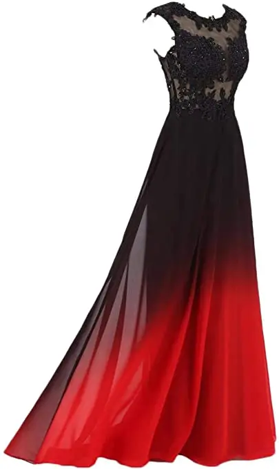 Gardlilac 2020 Scoop Lange Aften Kjoler, Chiffon Blonde Pynt Beaded Sort Rød 4 Color Gradient Formel Prom Party Dress