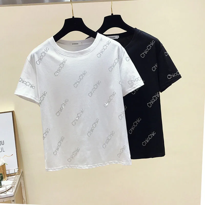 GGRIGHT Breve Diamond T-shirts Kvinder 2019 koreanske Sommer Bomuld O-hals kortærmet t-shirts Hvid Sort Kvinder Tees Top Harajuku