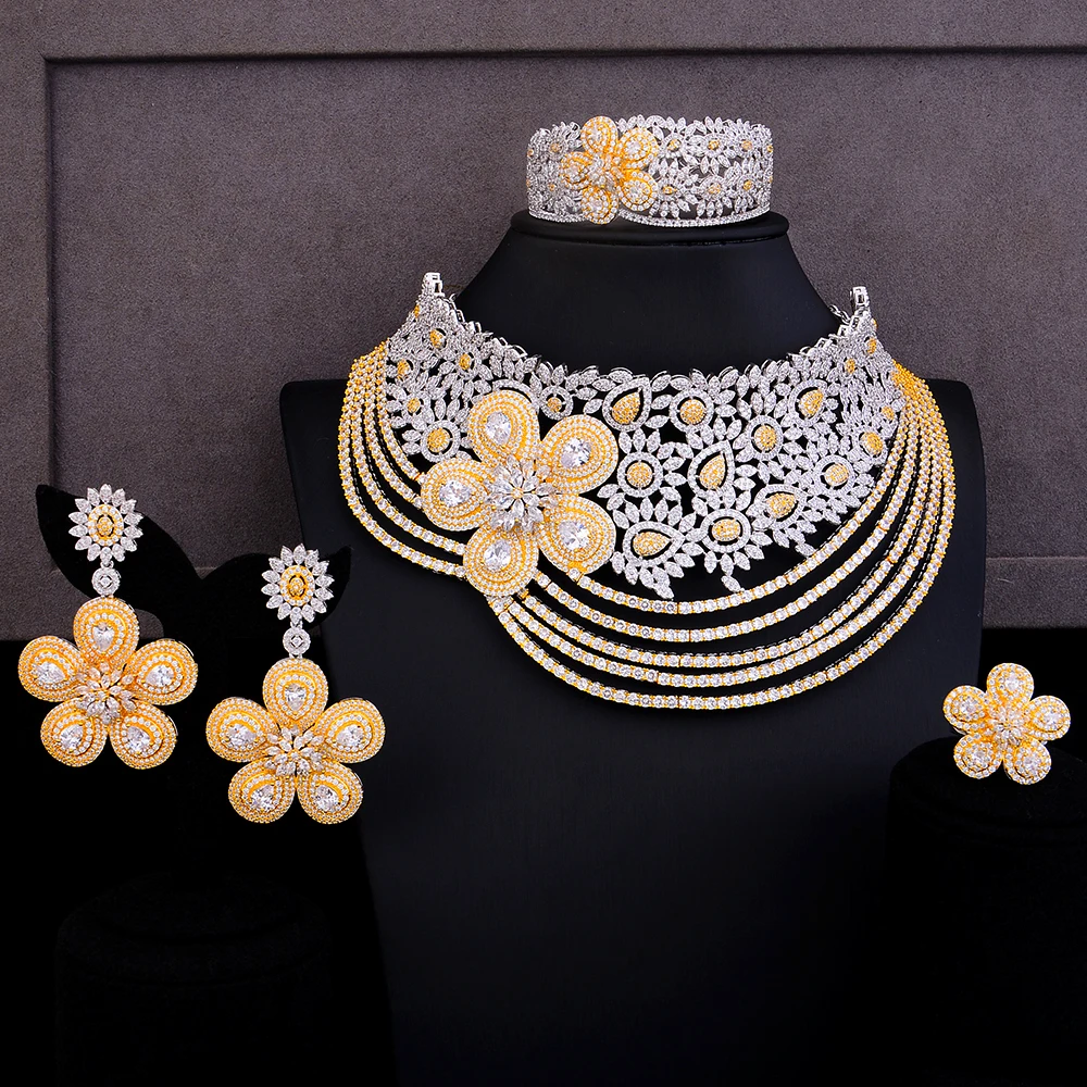 GODKI Super Stor Luksus 4STK Blomster afrika Cubic Zirconia Chokers Sæt Smykker Til Kvinder Bryllup Dubai Brude Sæt 2020