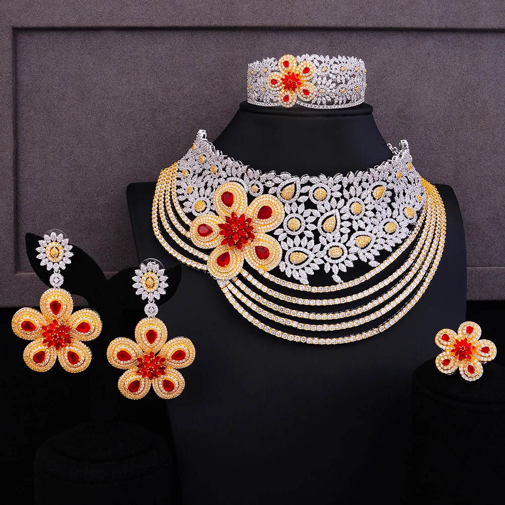 GODKI Super Stor Luksus 4STK Blomster afrika Cubic Zirconia Chokers Sæt Smykker Til Kvinder Bryllup Dubai Brude Sæt 2020