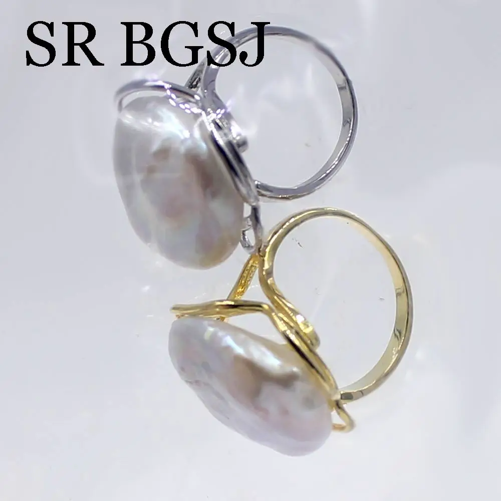Gratis Forsendelse 20mm Barok-Knappen Hvid Freshwar Pearl & Kobber, Metal Justerbar Kvinder Smykker Ring