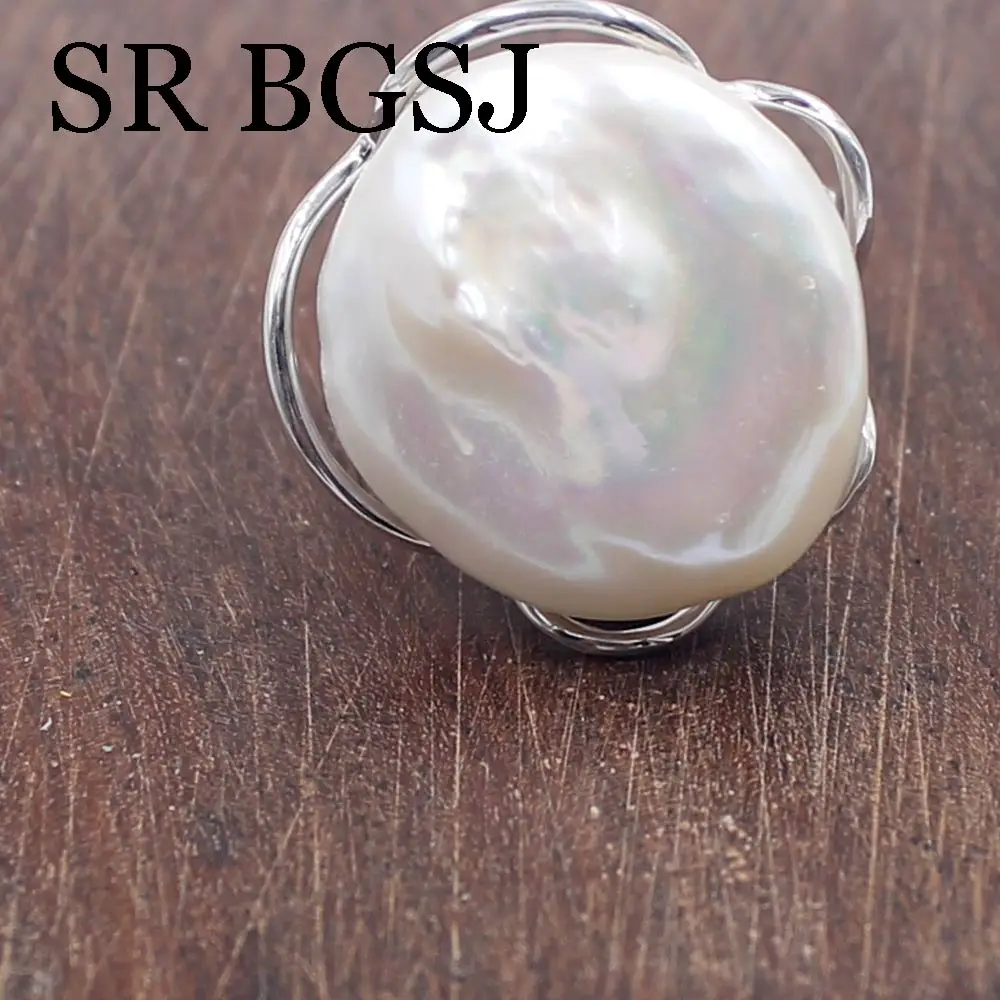 Gratis Forsendelse 20mm Barok-Knappen Hvid Freshwar Pearl & Kobber, Metal Justerbar Kvinder Smykker Ring