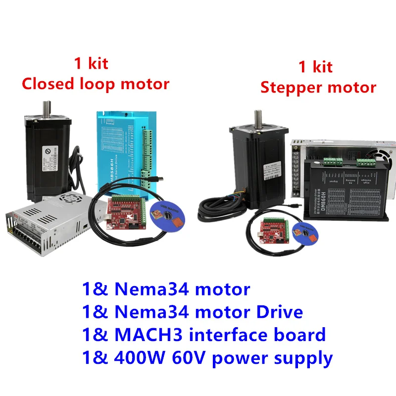 Gratis forsendelse ! Nema 34 Motor Kit: Lukket loop motor/stepmotor+Hybrid Servo Driver+Power Supply+MACH3 Interface board