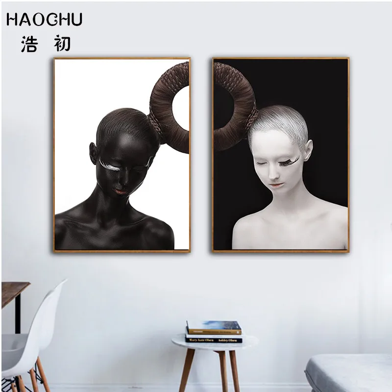 HAOCHU Europæiske black og white girl karakter mønster lærred maleri personlighed soveværelse væg dekoration, indretning, kunst plakat