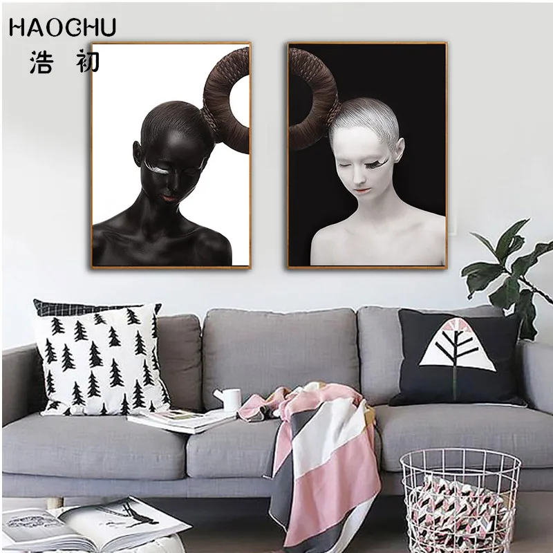 HAOCHU Europæiske black og white girl karakter mønster lærred maleri personlighed soveværelse væg dekoration, indretning, kunst plakat