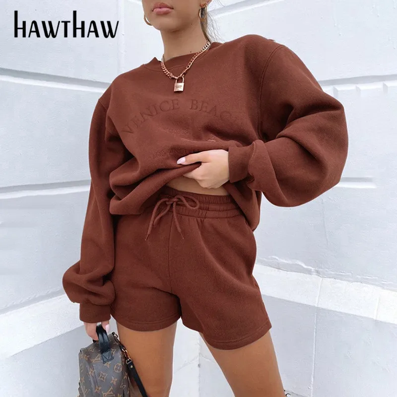 Hawthaw Kvinder Efterår Og Vinter Med Lange Ærmer Pullover Hoodie Sweatshirt Korte Bukser To Stykker Sæt 2020 Kvinde Tøj Sportstøj