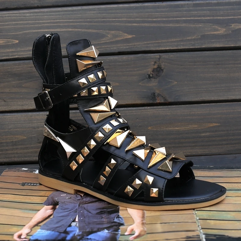 På tilbud! Herre Gladiator Sandaler Hule Platform Nitter Punk Sandaler I Læder Sommeren Ankel Støvler Plus Size Sort Beach Sandaler - Mænds Sko > Iderammer.dk