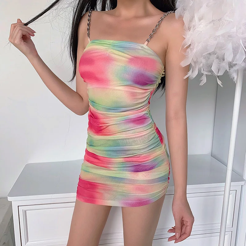 Hirigin Kæde Rem Patchwork-Kort Mini Kjole Clubwear 2020 Sexede Kvinder Tie Farvning Print Bodycon Slank Sommer Beach Party Kjole