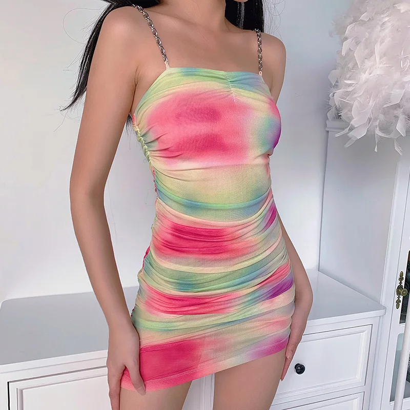 Hirigin Kæde Rem Patchwork-Kort Mini Kjole Clubwear 2020 Sexede Kvinder Tie Farvning Print Bodycon Slank Sommer Beach Party Kjole