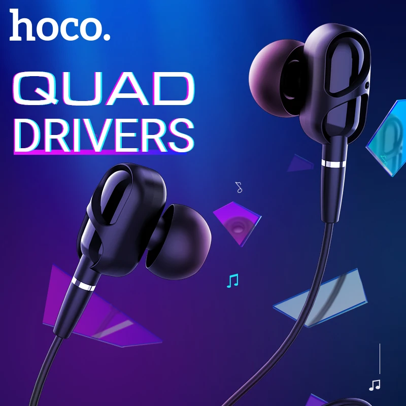 Hoco quad driver kablede hovedtelefoner med mikrofon til støjreduktion 3.5 jack headset 1,2 m TPE fletning én knap fjernbetjening vinklede ørepuder
