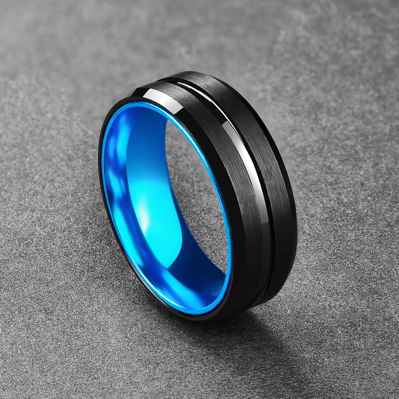 Hot Klassisk Bryllup 8mm Mat Sort Tungsten Ring Himmel Blå Indre Ring For Mandlige Smykker Anillos Tilbehør dropshipping
