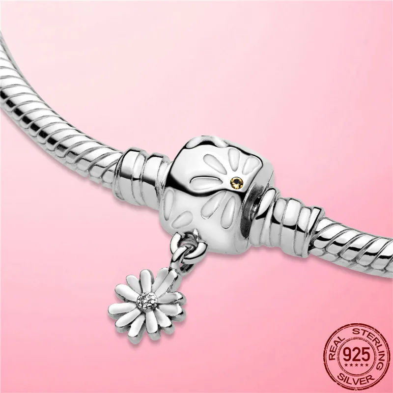 Hot Salg 925 Sterling Sølv Øjeblikke Daisy Blomst, Blade Lås Slange Kæde armbånd & Armbånd til Kvinder Smykker Pulseira