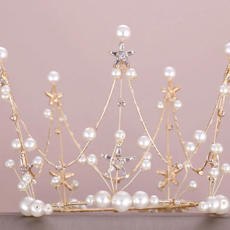 Hot Salg Koreansk Mode Kolde Metal Hvid Krystal Simuleret Pearl Tiaras Kroner Øreringe Brude Bride Bryllup Smykker Sæt