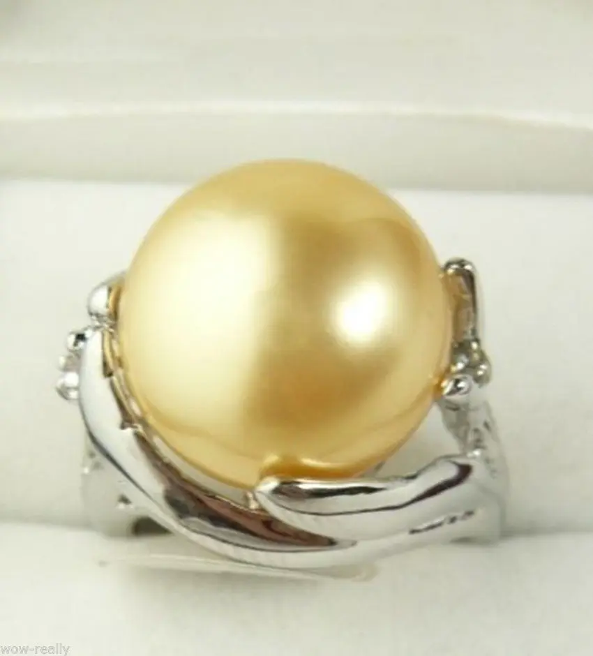 Hot sell Noble - GRATIS FRAGT>>>@@ engrospris 16new ^^^^Mode 14mm Ægte Gul South Sea Shell Pearl Smykker Ring Sz 7