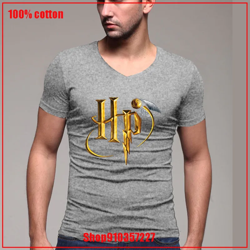 HP Harry Potter-elsker V-hals EU-Størrelse i Bomuld Tshirt Camping Elsker Vintage Hvid Skjorte Anti-Rynke Bomuld Top Tee for mænd